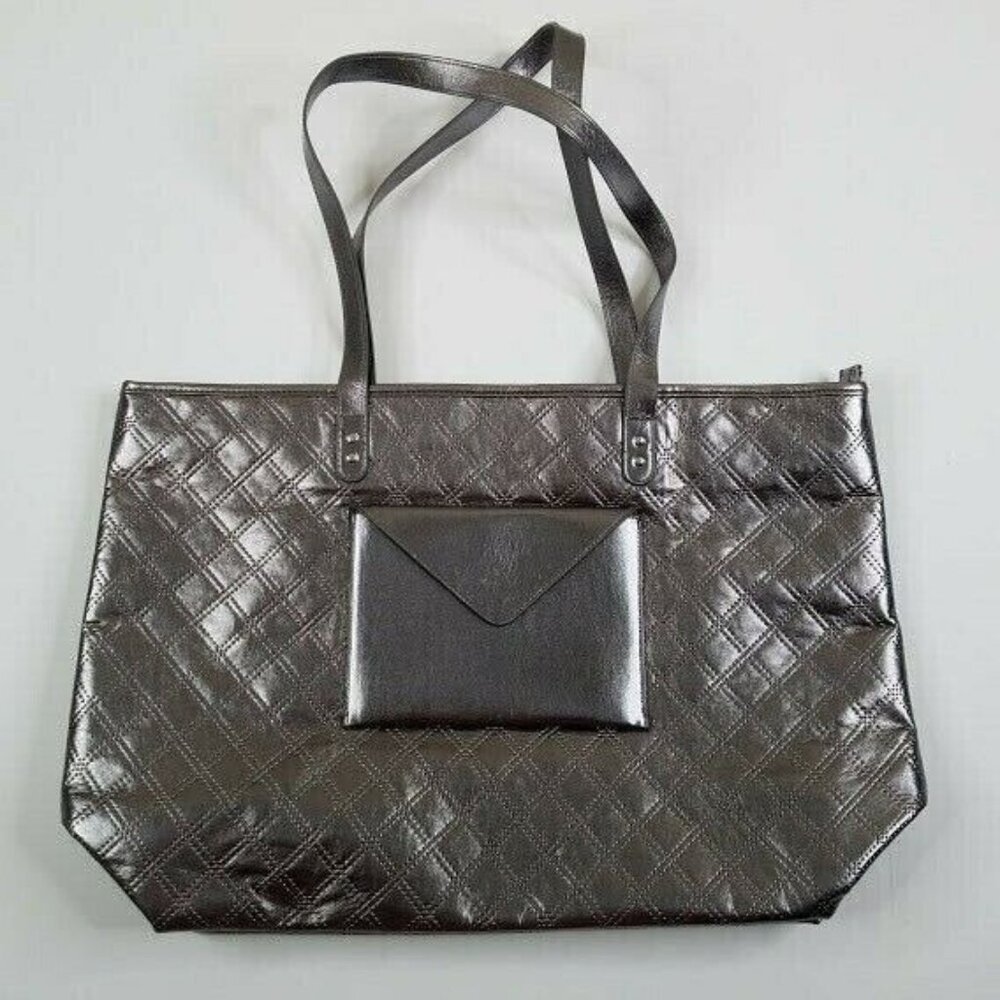 Bath Body Works Large Silver Bronze Metallic Tote Bag Quilted Zippered Lined New